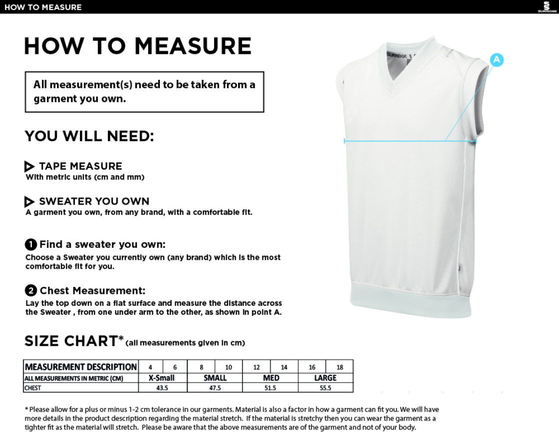 Carlisle CC Blast Sleeveless Women's Cricket Sweater - Size Guide