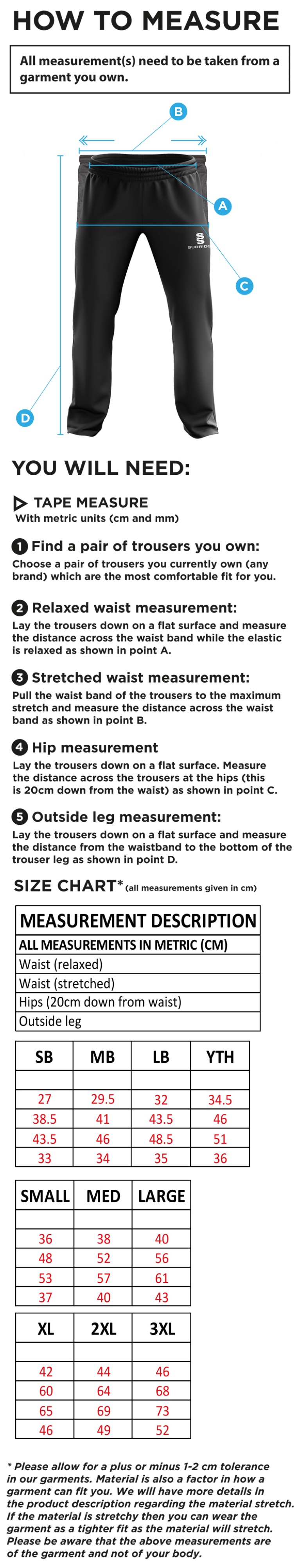 Carlisle CC Ripstop Track Pant - Size Guide