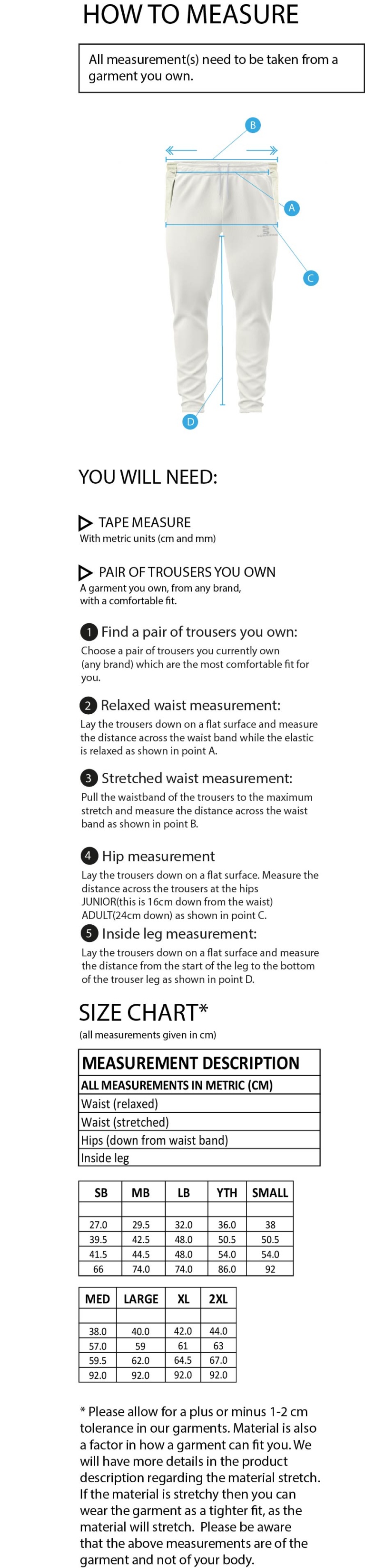 Carlisle CC Tek Coloured Pants - Size Guide