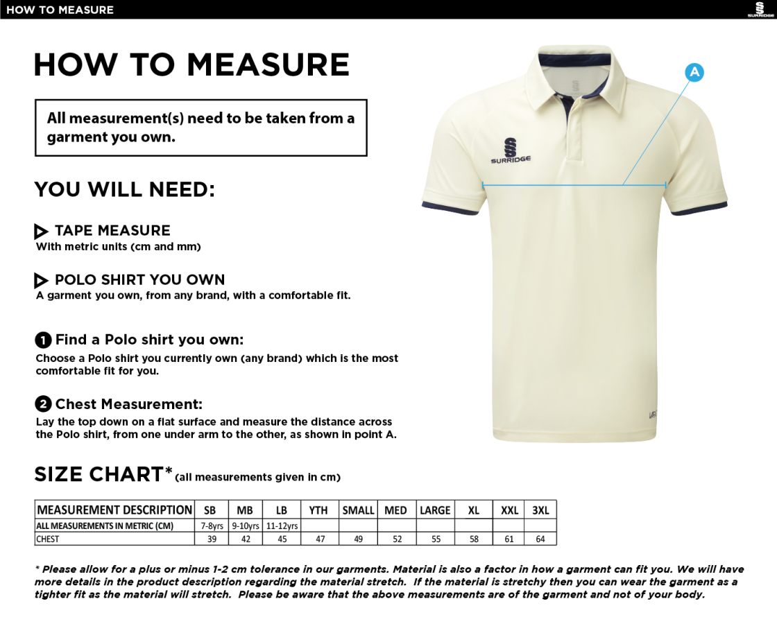 Carlisle CC Ergo S/S Playing Shirt - Size Guide