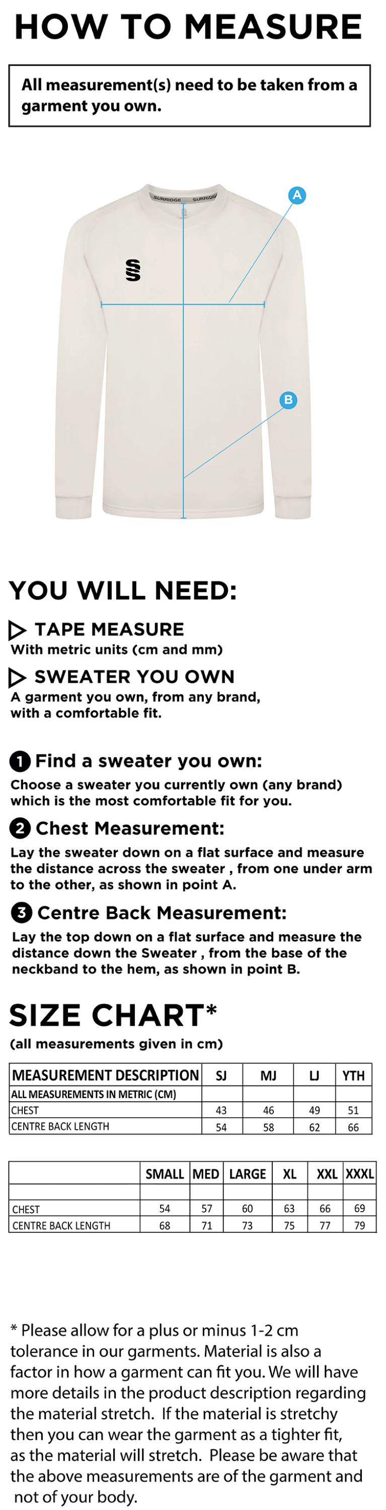 Carlisle CC Blast Long Sleeve Cricket Sweater - Size Guide
