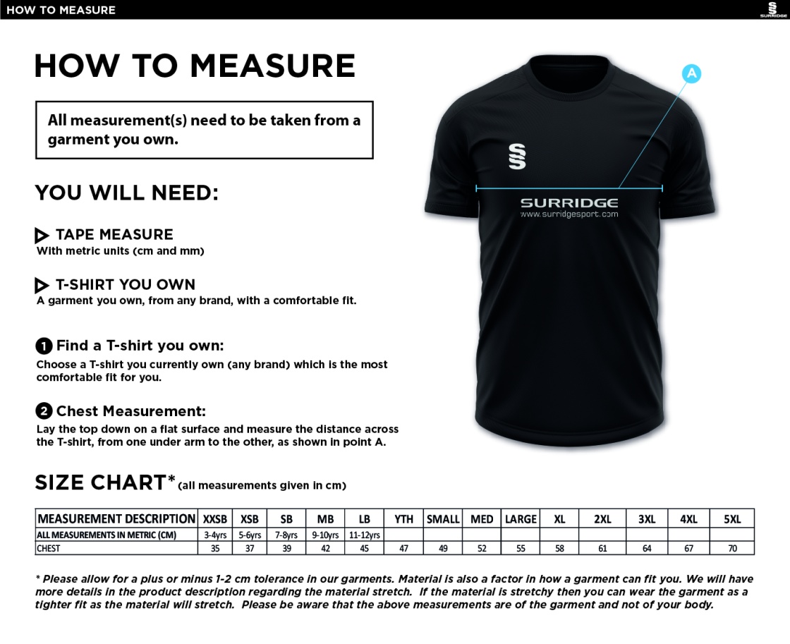 Carlisle CC Blade Training Shirt - Size Guide
