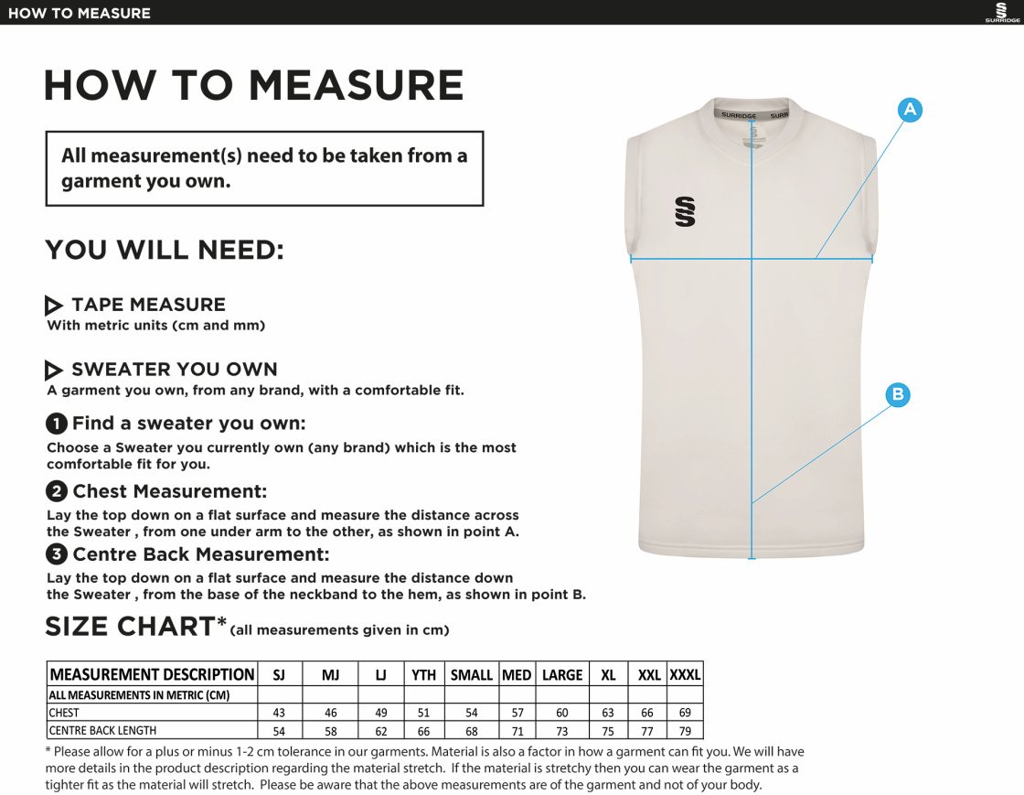 Carlisle CC Blast Sleeveless Cricket Sweater - Size Guide