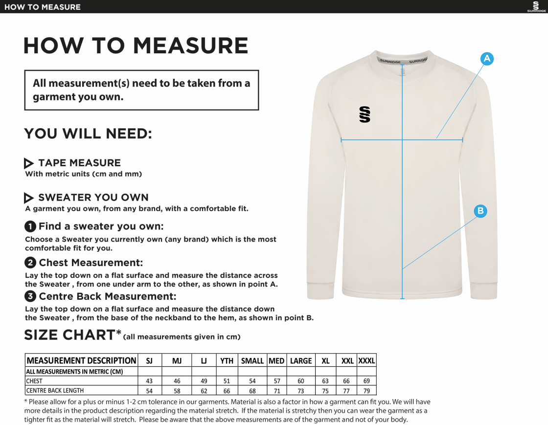 Carlisle CC Blast Long Sleeve Cricket Sweater - Size Guide