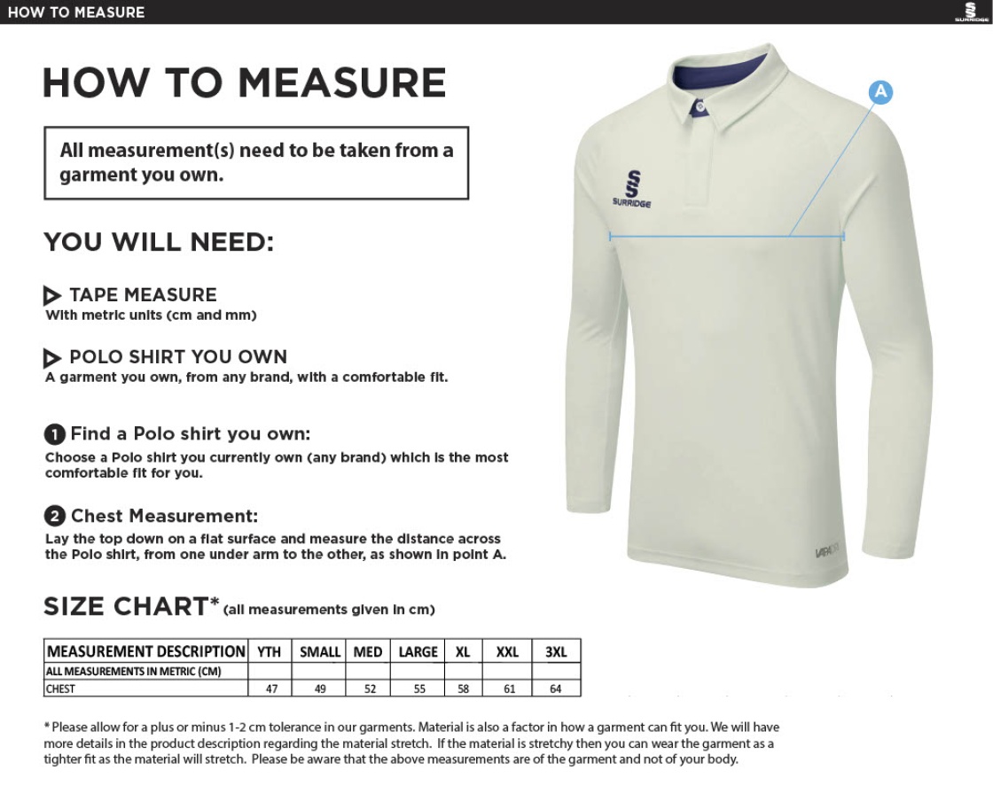 Carlisle CC Ergo L/S Playing Shirt - Size Guide