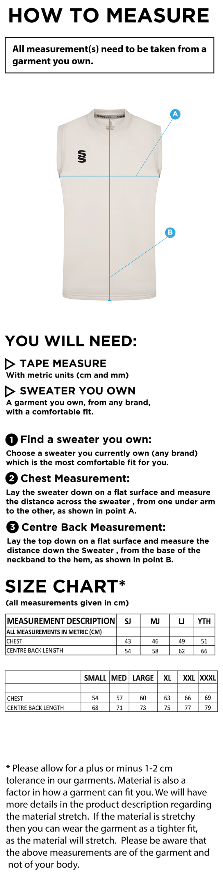 Carlisle CC Blast Sleeveless Cricket Sweater - Size Guide