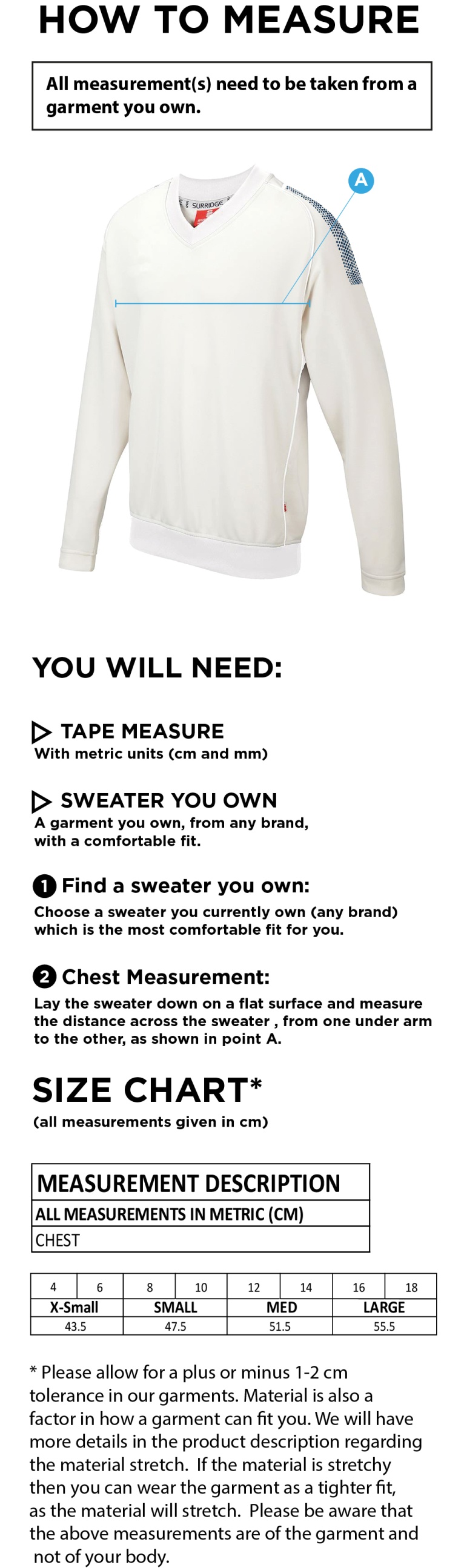 Carlisle CC Blast Long Sleeve Women's Cricket Sweater - Size Guide