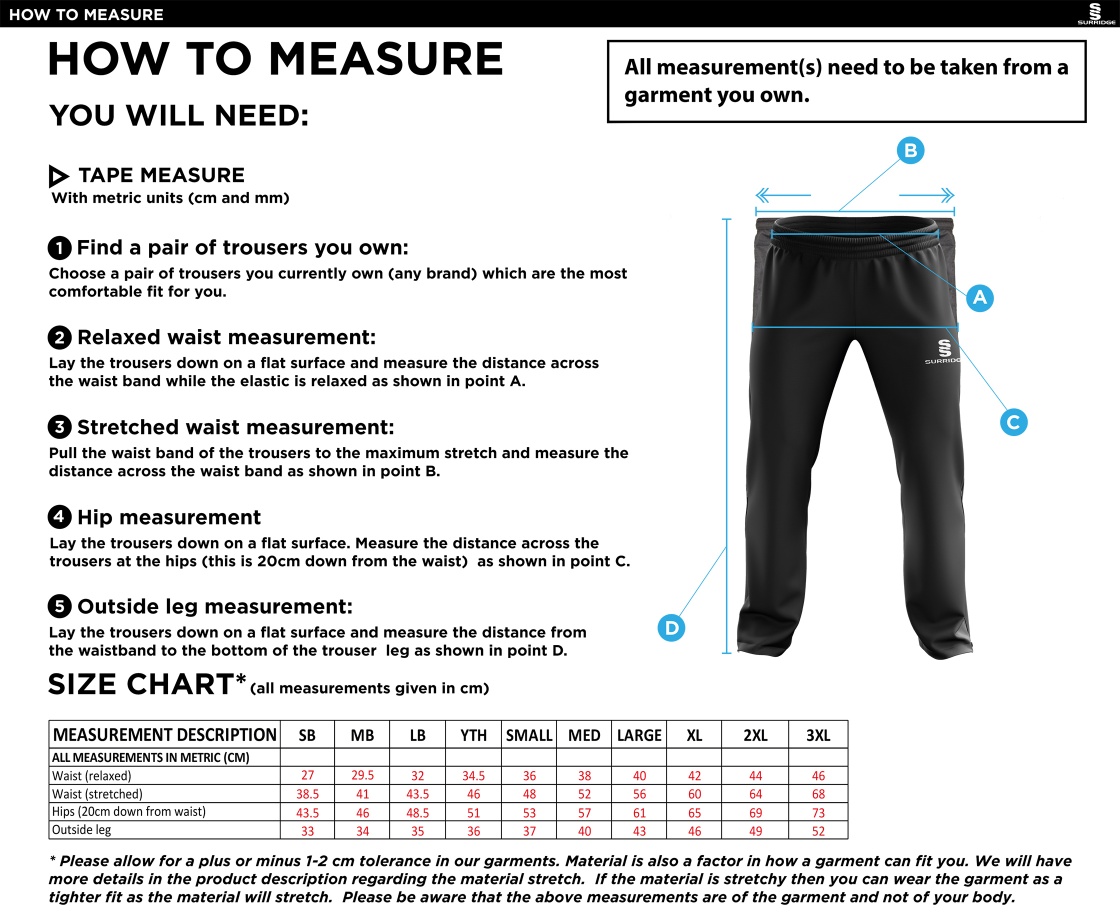 Carlisle CC Ripstop Track Pant - Size Guide