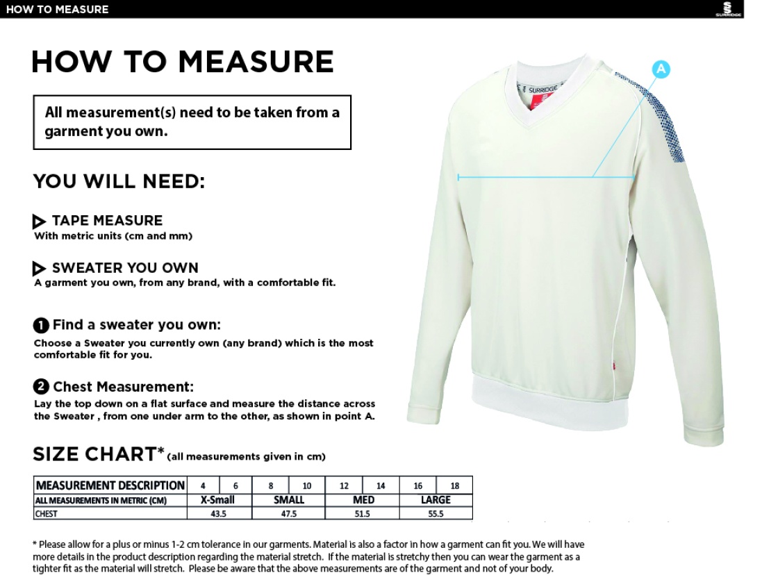 Carlisle CC Blast Long Sleeve Women's Cricket Sweater - Size Guide