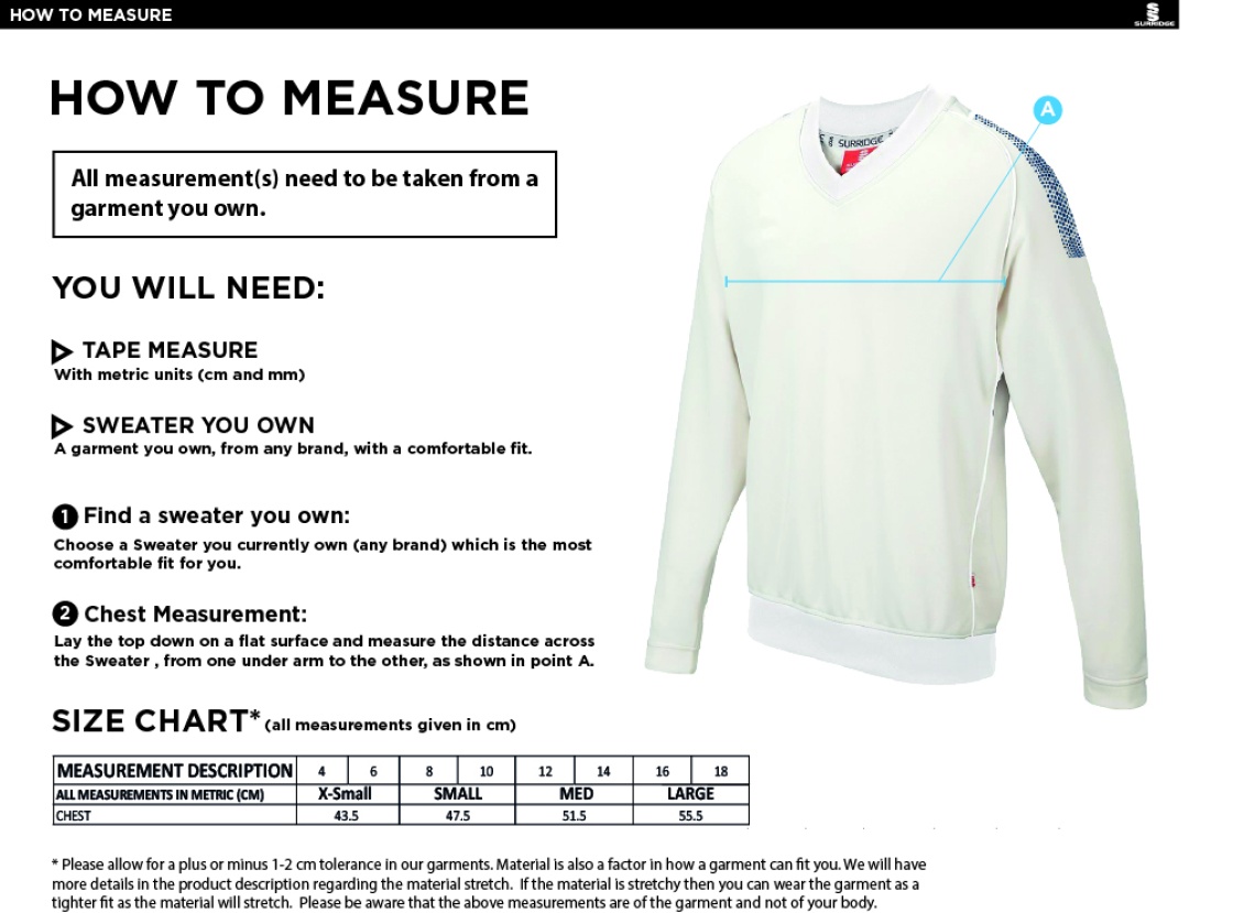 Carlisle CC Blast Long Sleeve Women's Cricket Sweater - Size Guide