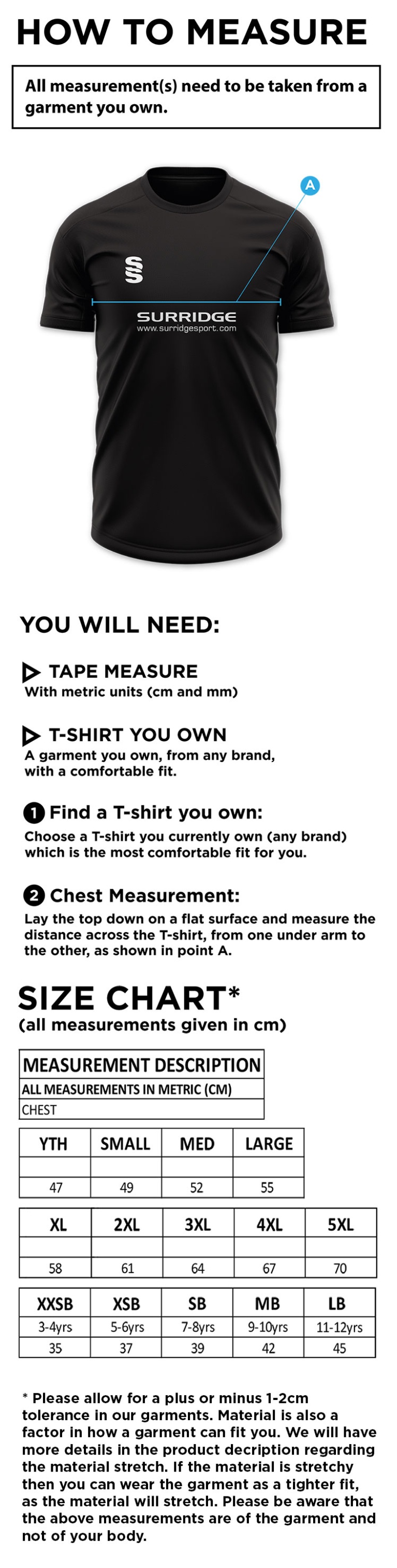 Carlisle CC Blade Training Shirt - Size Guide